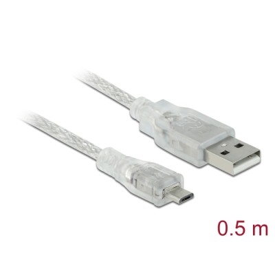 Delock Cable USB 2.0 Type-A male > USB 2.0 Micro-B male 0.5 m transparent