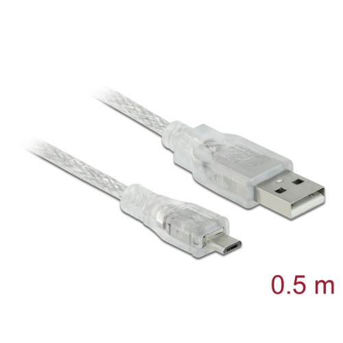 Delock Cable USB 2.0 Type-A male > USB 2.0 Micro-B male 0.5 m transparent
