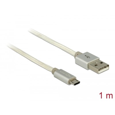 Delock Data and Charging Cable USB 2.0 Type-A male > USB 2.0 Micro-B male with textile shielding white 100 cm