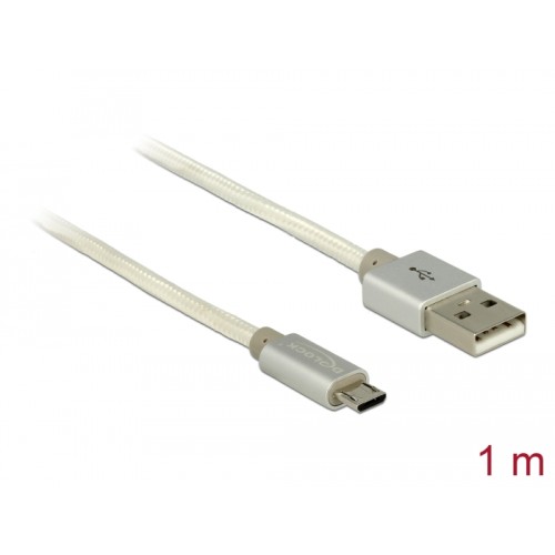 Delock Data and Charging Cable USB 2.0 Type-A male > USB 2.0 Micro-B male with textile shielding white 100 cm
