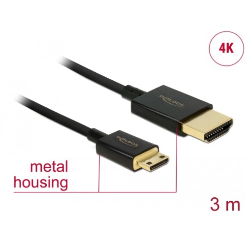 Delock Cable High Speed HDMI with Ethernet - HDMI-A male  HDMI Mini-C male 3D 4K 3 m Active Slim High Quality