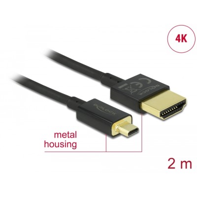 Delock Cable High Speed HDMI with Ethernet - HDMI-A male > HDMI Micro-D male 3D 4K 2 m Slim High Quality