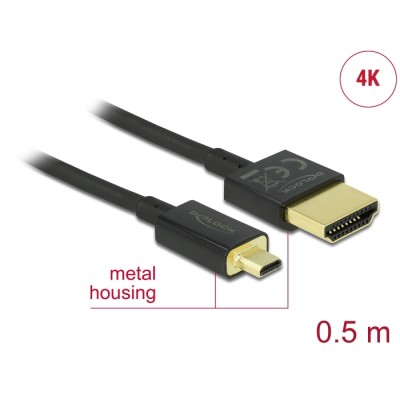Delock Cable High Speed HDMI with Ethernet - HDMI-A male > HDMI Micro-D male 3D 4K 0.5 m Slim High Quality