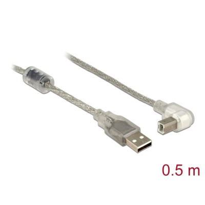 Delock Cable USB 2.0 Type-A male > USB 2.0 Type-B male angled 0.5 m transparent