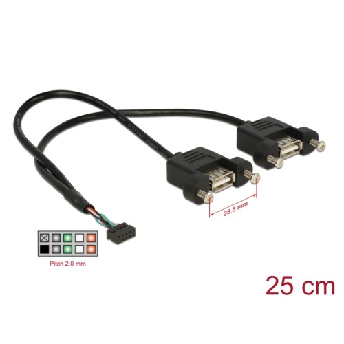 Delock Cable USB 2.0 pin header female 2.00 mm 10 pin > 2 x USB 2.0 Type-A female panel-mount 25 cm