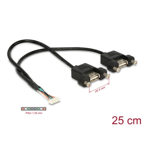 Delock Cable USB 2.0 pin header female 1.25 mm 8 pin  2 x USB 2.0 Type-A female panel-mount 25 cm