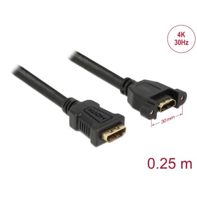 Delock Cable HDMI-A female > HDMI-A female panel-mount 4K 30 Hz 0.25 m