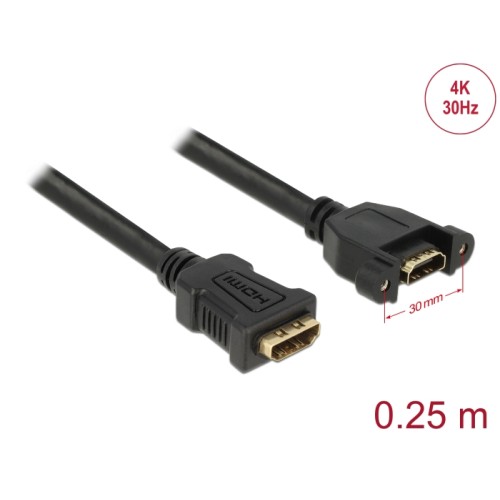 Delock Cable HDMI-A female > HDMI-A female panel-mount 4K 30 Hz 0.25 m