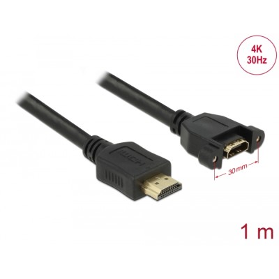 Delock Cable HDMI-A male > HDMI-A female panel-mount 4K 30 Hz 1 m