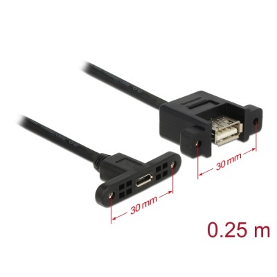 Delock Cable USB 2.0 Micro-B female panel-mount > USB 2.0 Type-A female panel-mount 25 cm