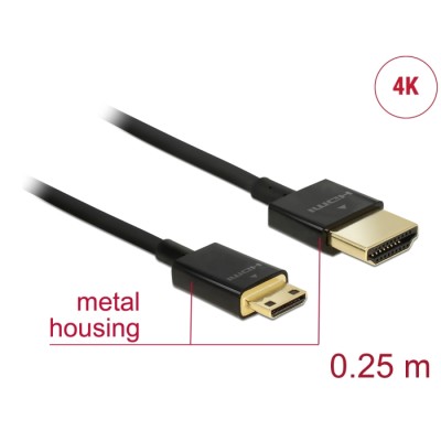 Delock Cable High Speed HDMI with Ethernet - HDMI-A male > HDMI Mini-C male 3D 4K 0.25 m Slim High Quality