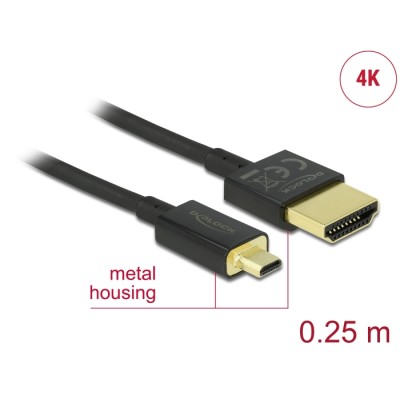 Delock Cable High Speed HDMI with Ethernet - HDMI-A male > HDMI Micro-D male 3D 4K 0.25 m Slim High Quality