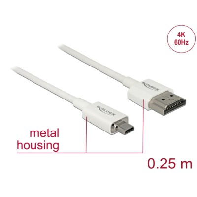 Delock Cable High Speed HDMI with Ethernet - HDMI-A male > HDMI Micro-D male 3D 4K 0.25 m Slim High Quality