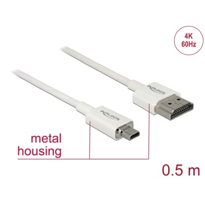 Delock Cable High Speed HDMI with Ethernet - HDMI-A male > HDMI Micro-D male 3D 4K 0.5 m Slim High Quality