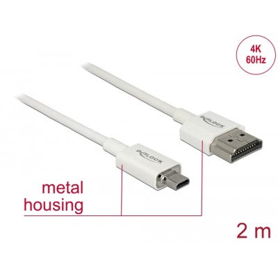 Delock Cable High Speed HDMI with Ethernet - HDMI-A male > HDMI Micro-D male 3D 4K 2 m Slim High Quality