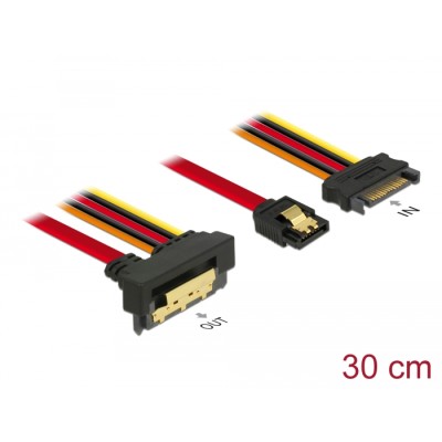 Delock Cable SATA 6 Gb/s 7 pin receptacle + SATA 15 pin power plug > SATA 22 pin receptacle downwards angled metal 30 cm