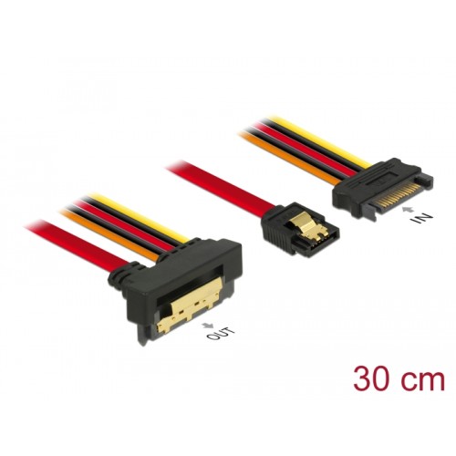 Delock Cable SATA 6 Gb/s 7 pin receptacle + SATA 15 pin power plug  SATA 22 pin receptacle downwards angled metal 30 cm