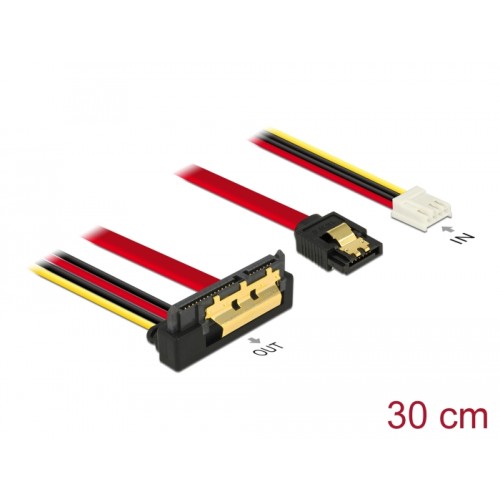 Delock Cable SATA 6 Gb/s 7 pin receptacle + Floppy 4 pin power female > SATA 22 pin receptacle downwards angled metal 30 cm