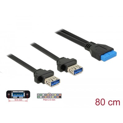 Delock Cable USB 3.0 pin header female 2.00 mm 19 pin  2 x USB 3.0 Type-A female panel-mount 80 cm