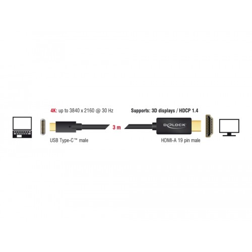 Delock Cable USB Type-C™ male > HDMI male (DP Alt Mode) 4K 30 Hz 3 m black