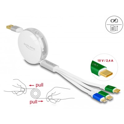 Delock USB 3 in 1 Retractable Charging Cable Type-A to Micro USB / 2 x USB Type-C™ with Fast Charging white