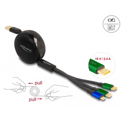 Delock USB 3 in 1 Retractable Charging Cable for Micro USB / 2 x USB Type-C™ with Fast Charging black