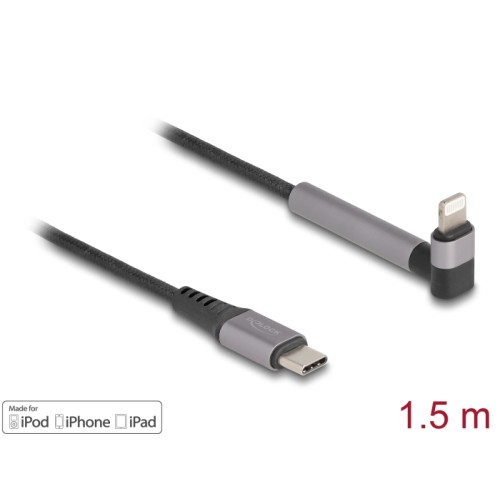 Delock Data and Charging Cable USB Type-C™ to Lightning™ for iPhone™, iPad™, iPod™ angled with stand function black 1.5 m MFi