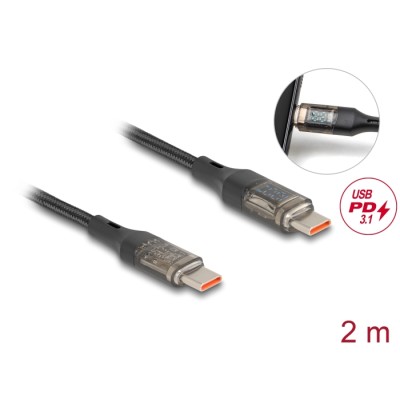 Delock USB 2.0 Data and Fast Charging Cable USB Type-C™ male to male PD 3.0 100 W with power indication transparent 2 m