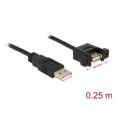 Delock Cable USB 2.0 Type-A male > USB 2.0 Type-A female panel-mount 0.25 m