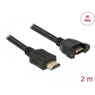 Delock Cable HDMI-A male > HDMI-A female panel-mount 4K 30 Hz 2 m