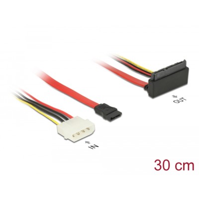 Delock Cable SATA 6 Gb/s 7 pin receptacle + Molex 4 pin power plug > SATA 22 pin receptacle upwards angled metal 30 cm