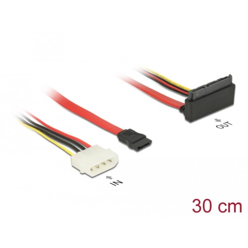 Delock Cable SATA 6 Gb/s 7 pin receptacle + Molex 4 pin power plug  SATA 22 pin receptacle upwards angled metal 30 cm