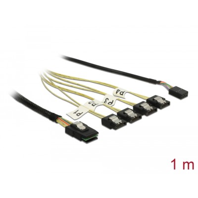 Delock Cable Mini SAS SFF-8087 > 4 x SATA 7 pin + Sideband 1 m metal