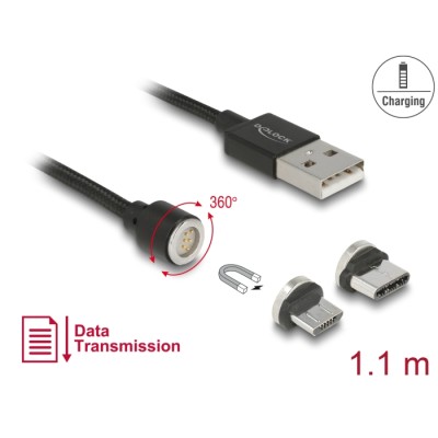 Delock Magnetic USB Data and Charging Cable Set for Micro USB / USB Type-C™ black 1.1 m
