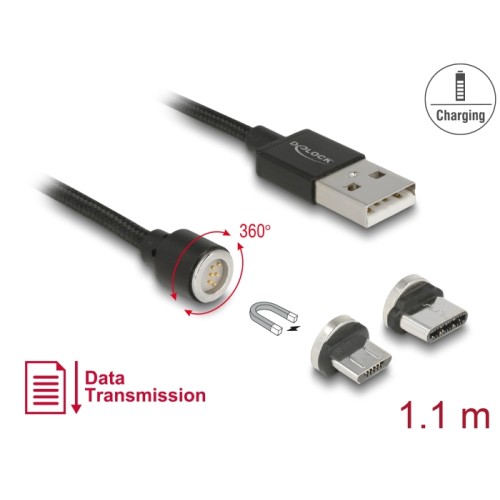 Delock Magnetic USB Data and Charging Cable Set for Micro USB / USB Type-C™ black 1.1 m