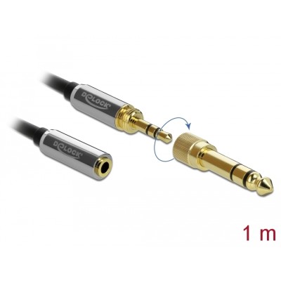 Delock Stereo Jack Extension Cable 3.5 mm 3 pin male to female with 6.35 mm screw adapter 1 m