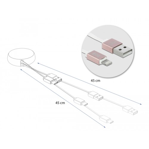 Delock USB 2.0 Retractable Cable Type-A to Lightning™ 8 pin white / pale pink