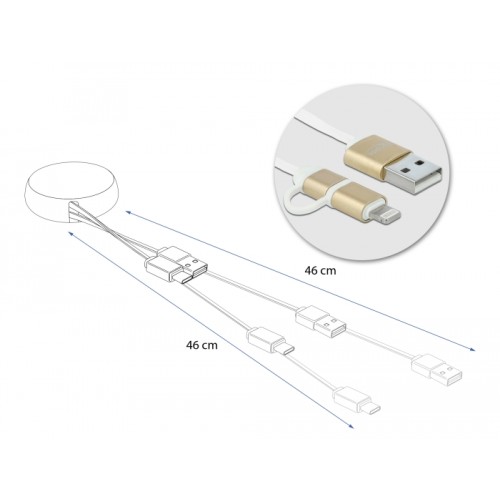 Delock USB 2.0 2 in 1 Retractable Cable Type-A to Micro-B and Lightning™ white / gold