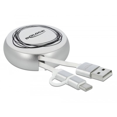 Delock USB 2.0 2 in 1 Retractable Cable Type-A to Micro-B and USB-C™ white / silver