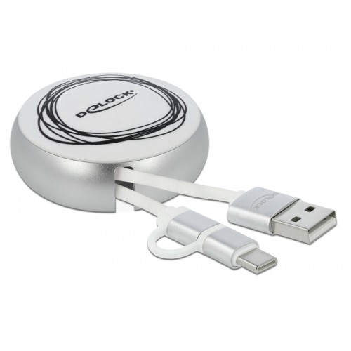 Delock USB 2.0 2 in 1 Retractable Cable Type-A to Micro-B and USB-C™ white / silver