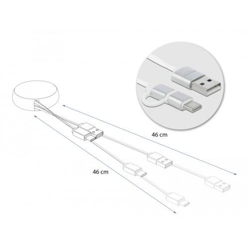 Delock USB 2.0 2 in 1 Retractable Cable Type-A to Micro-B and USB-C™ white / silver