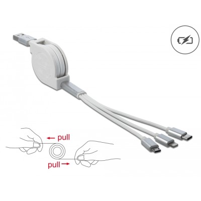 Delock USB 3 in 1 Retractable Charging Cable for Lightning™ 8 pin / Micro USB / USB Type-C™ white
