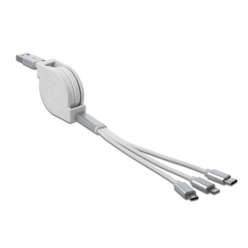 Delock USB Type-A 3 in 1 Retractable Charging Cable for Lightning™ / Micro USB / USB Type-C™ white