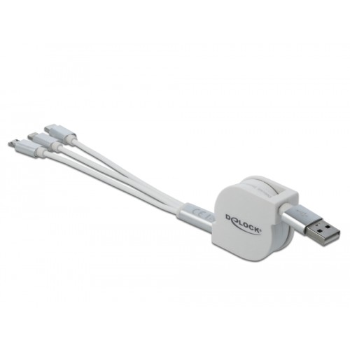 Delock USB Type-A 3 in 1 Retractable Charging Cable for Lightning™ / Micro USB / USB Type-C™ white
