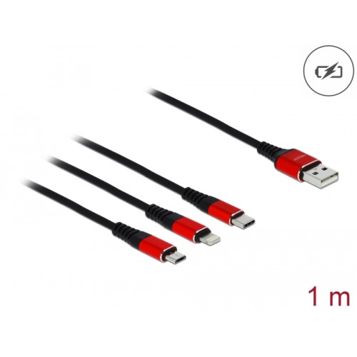 Delock USB Charging Cable 3 in 1 Type-A to Lightning™ / Micro USB / USB Type-C™ 1 m black / red