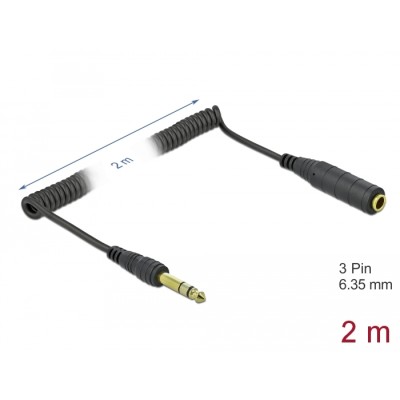 Delock Coiled Cable Extension 3 pin 6.35 mm Stereo Jack male to Stereo Jack female 2 m black