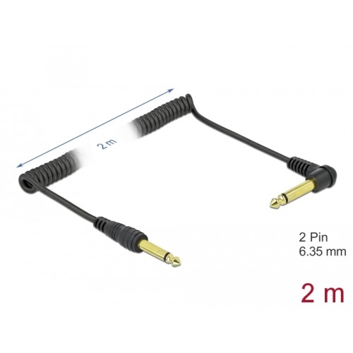 Delock Coiled Cable 6.35 mm 2 pin Mono Jack male to Mono Jack male angled 2 m black