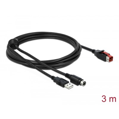 Delock PoweredUSB cable male 24 V to USB Type-A male + Mini-DIN 3 pin male 3 m for POS printers and terminals