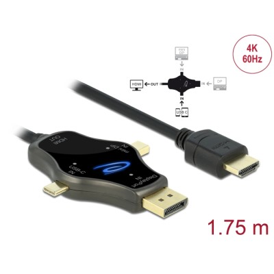 Delock 3 in 1 Monitor Cable with USB-C™ / DisplayPort / mini DisplayPort in to HDMI out with 4K 60 Hz