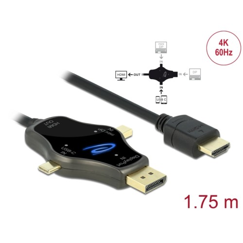 Delock 3 in 1 Monitor Cable with USB-C™ / DisplayPort / mini DisplayPort in to HDMI out with 4K 60 Hz